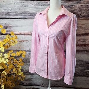 NEW ZARA PINK WHITE STRIPED LONG SLEEVE BUTTON-UP BLOUSE
